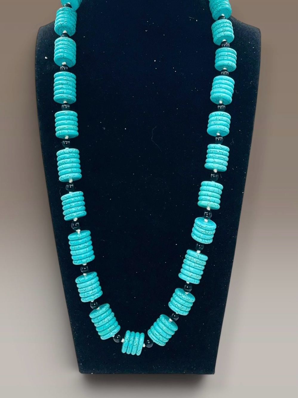 Vintage Turquoise Barrel Bead & Black Spacer Chunky Statement Necklace